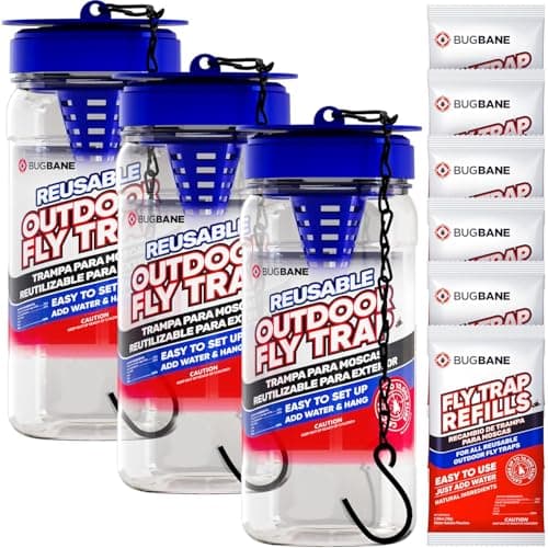 BugBane Outdoor Fly Traps, 3 Pack with 6 Dissolvable Bait Refills